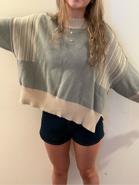 Altar'd State Sage Green and Cream Boxy Crewneck Sweater